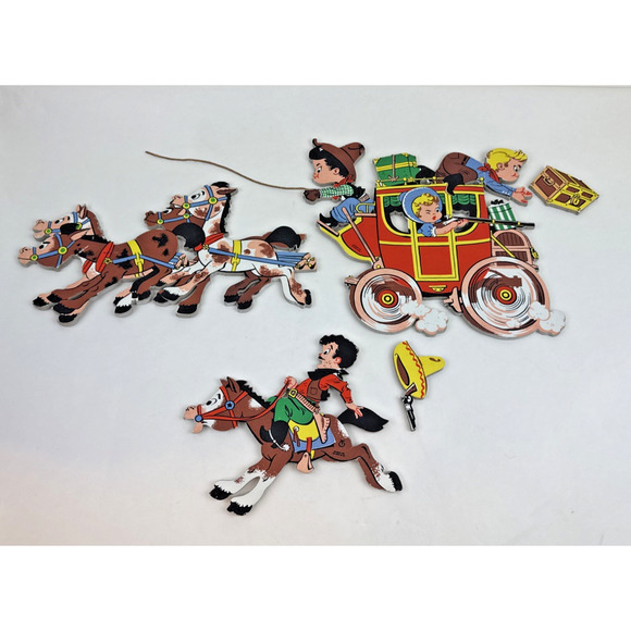 Vintage The Dolly Toy Co Cowboy Western Stage Coach Nursery Wall Plaque 1958 Set - Picture 1 of 16